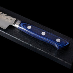 Hammered Japanese Seisuke Kiritsuke Blue Handle Petty Knife 140mm with Sheath