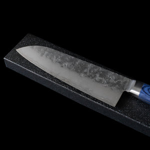 Hand Forged Japanese - Seisuke Aonashi Nashiji Santoku with Blue Pakka Handle 170mm