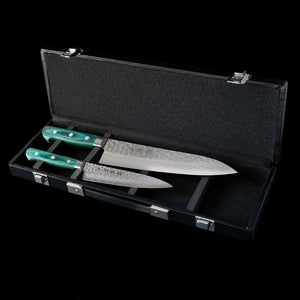 Hand Forged Knife Set - Sakai Takayuki Damascus Gyuto 210mm & Petty-Utility 135mm Green Pakka Wood Handle